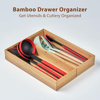 Umilife Bamboo Kitchen Drawer Organizer Boxes with Anti-Skid Silicone Feet, 2pcs Stackable Storage