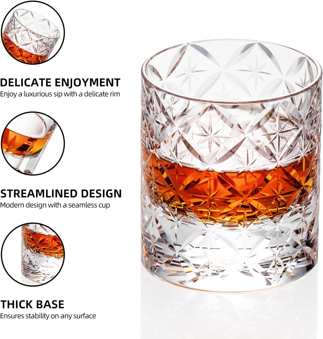 KAMMAK Crystal Whiskey Glasses Set of 2, Hand Blown 7.78oz Old Fashioned Glasses Stemless, Luxury