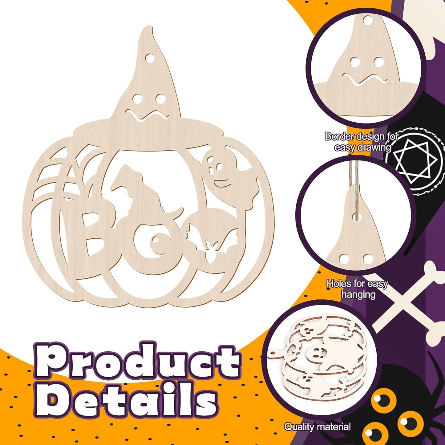 24 PCS Unfinished Wooden Halloween Crafts,Pumpkin Shaped Hanging Ornaments DIY Wood Craft Cutouts