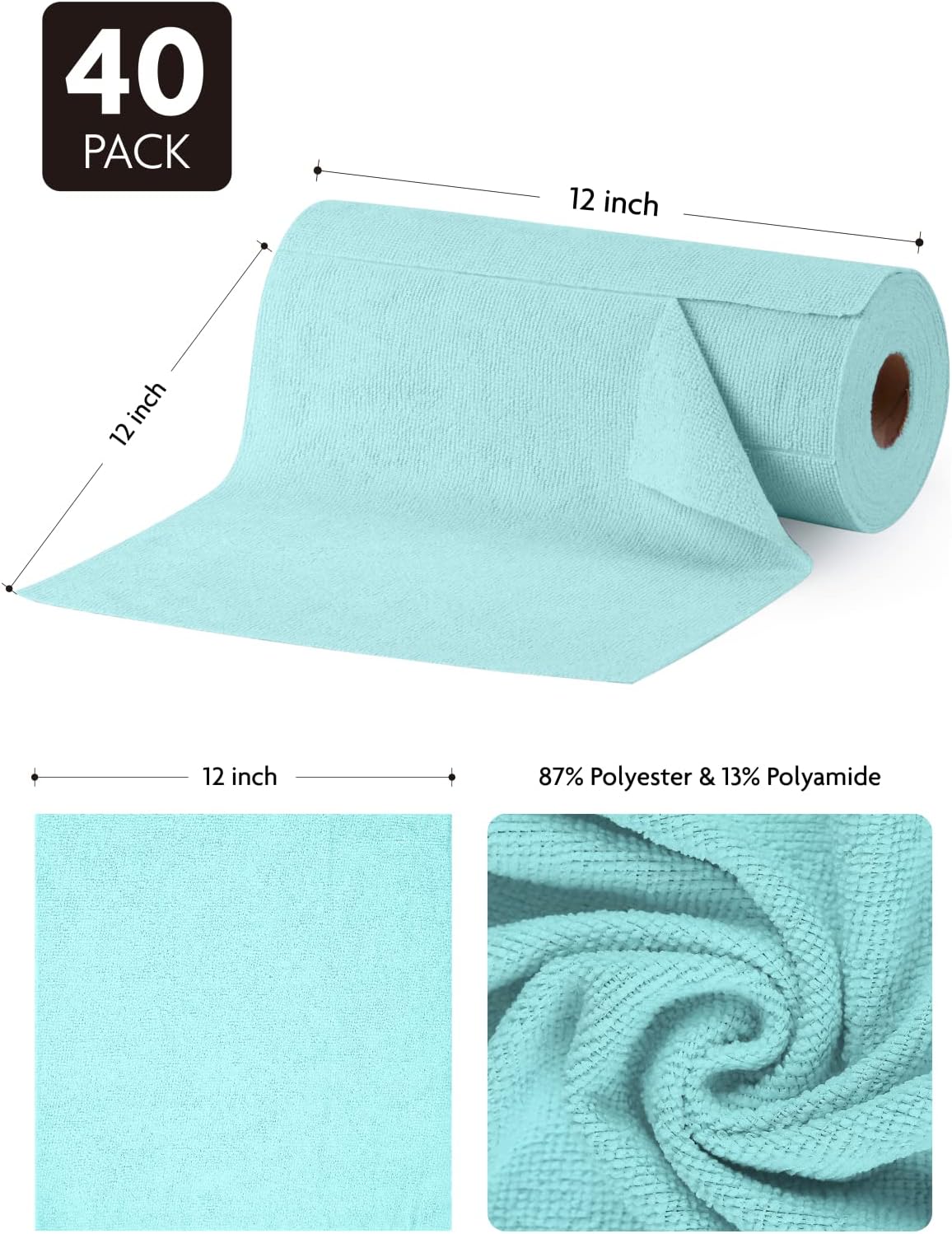 Fantasticlean Microfiber Cleaning Cloth Roll -40 Pack, Tear Away Microfiber Towels, 12" x 12"
