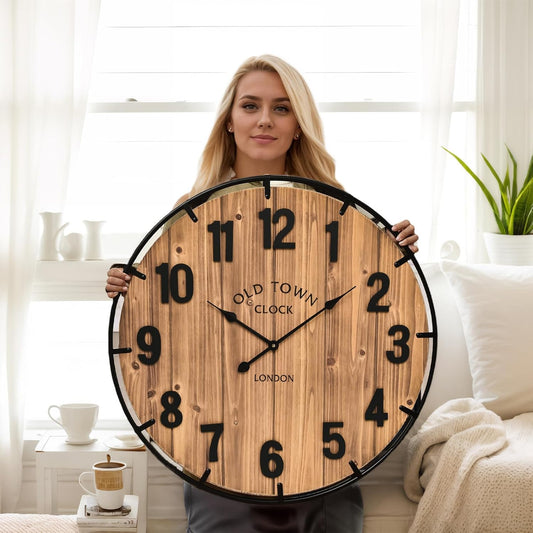 Large Old Town Farmhouse Wall Clock 30 Inches Rustic Antique Wood with Metal Circle and Large