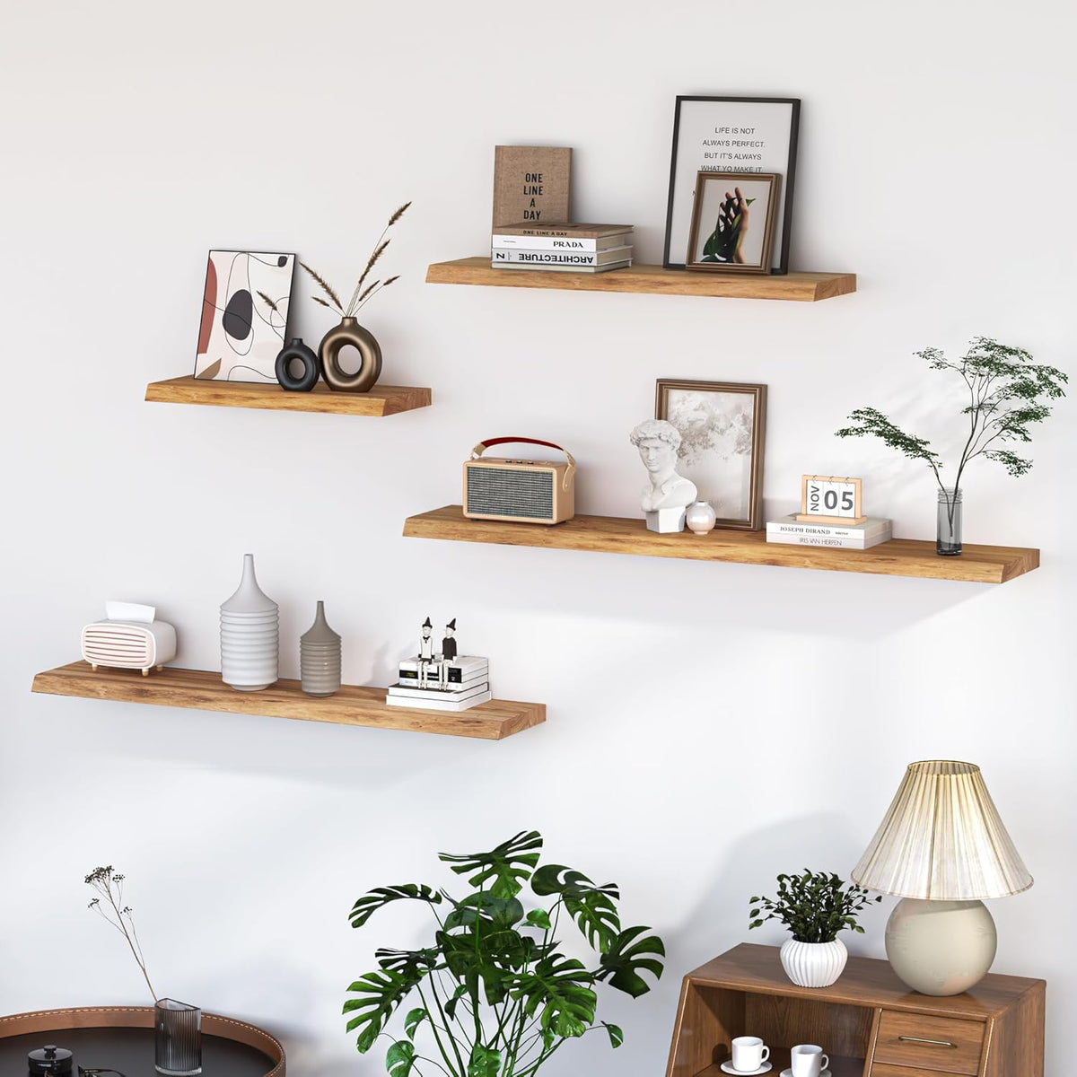Floating Shelves for Wall, 55"x9.3" Rustic Solid Live-Edge Elm Wood Wall Shelves, Heavy-Duty