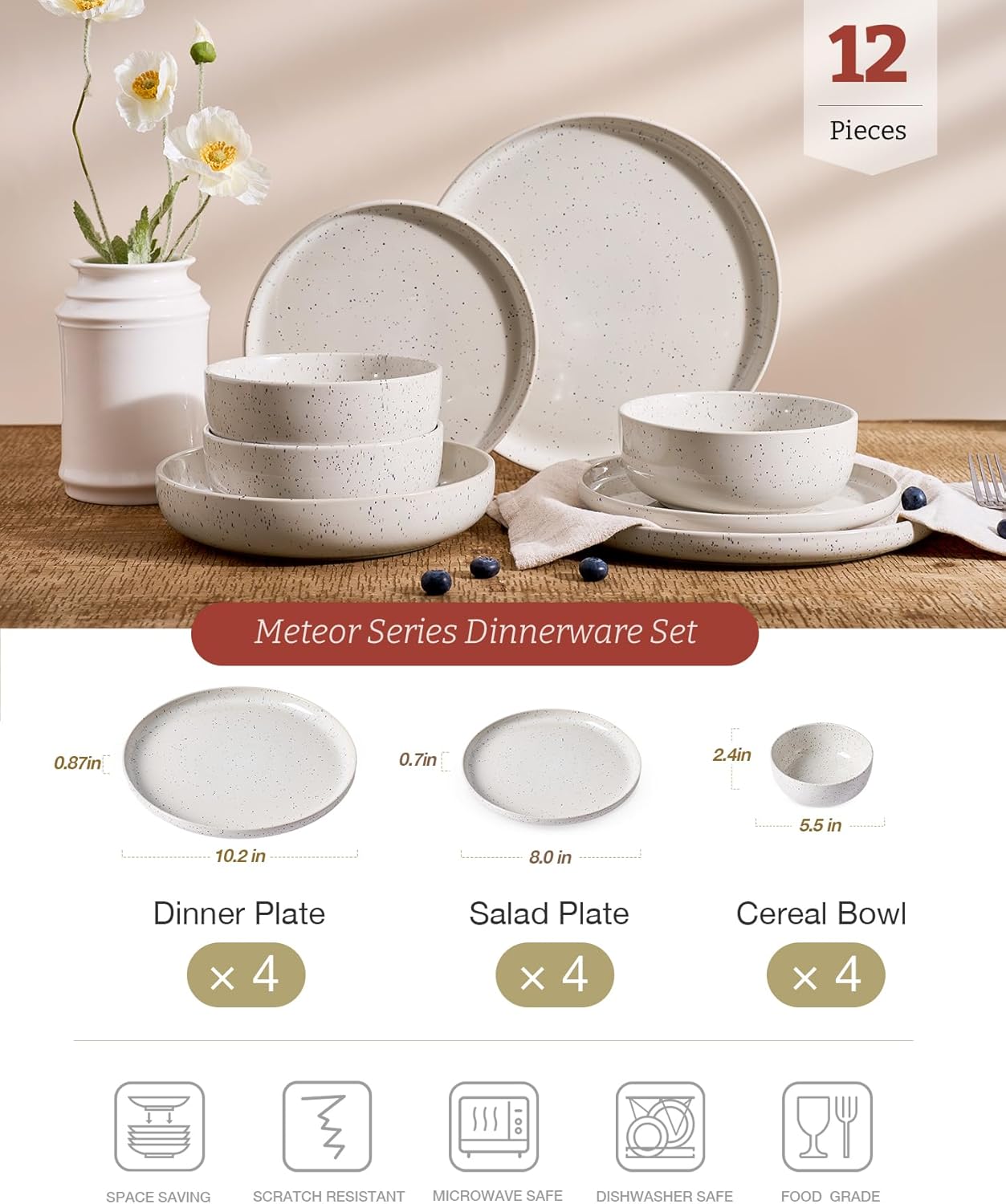 Famiware Meteor Plates and Bowls Sets for 4, 12 Pieces Dinnerware Sets, Microwave and Dishwasher