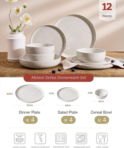 Famiware Meteor Plates and Bowls Sets for 4, 12 Pieces Dinnerware Sets, Microwave and Dishwasher