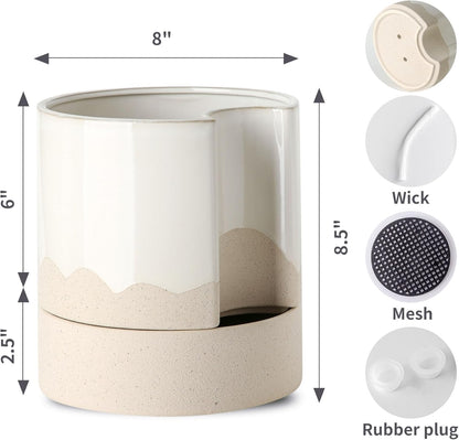 Nihow Self Watering Plant Pot: 8 Inch Ceramic Planter with Drainage Hole & Water Storage Plus for