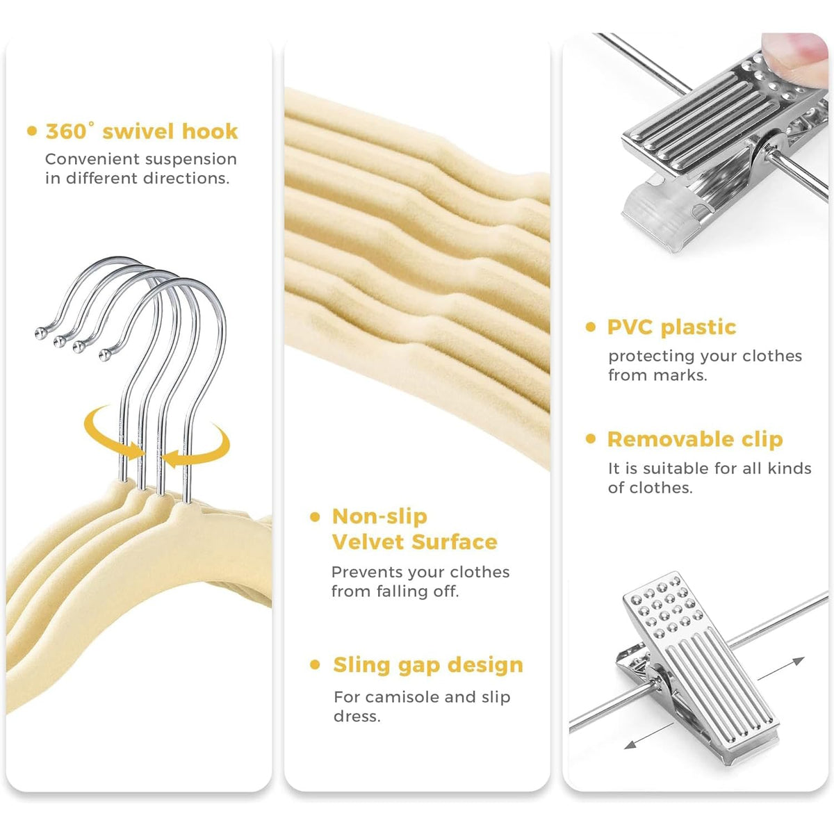 VECELO 20 Pack Velvet Clothes Hangers with Adjustable Clips,Heavy-Duty Non Slip & Space-Saving with