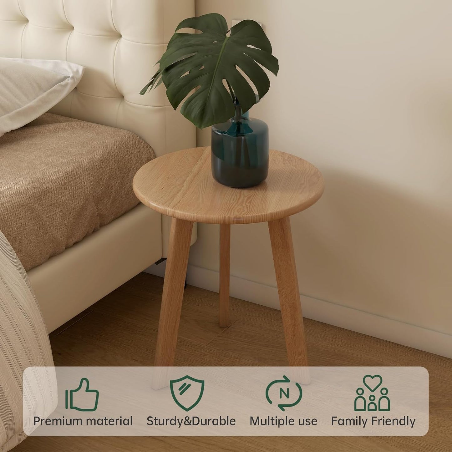 100% Solid Oak Round Side Table Set of 2, Small Bedside Table for Small Spaces, Living Room End