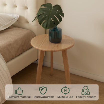 100% Solid Oak Round Side Table Set of 2, Small Bedside Table for Small Spaces, Living Room End