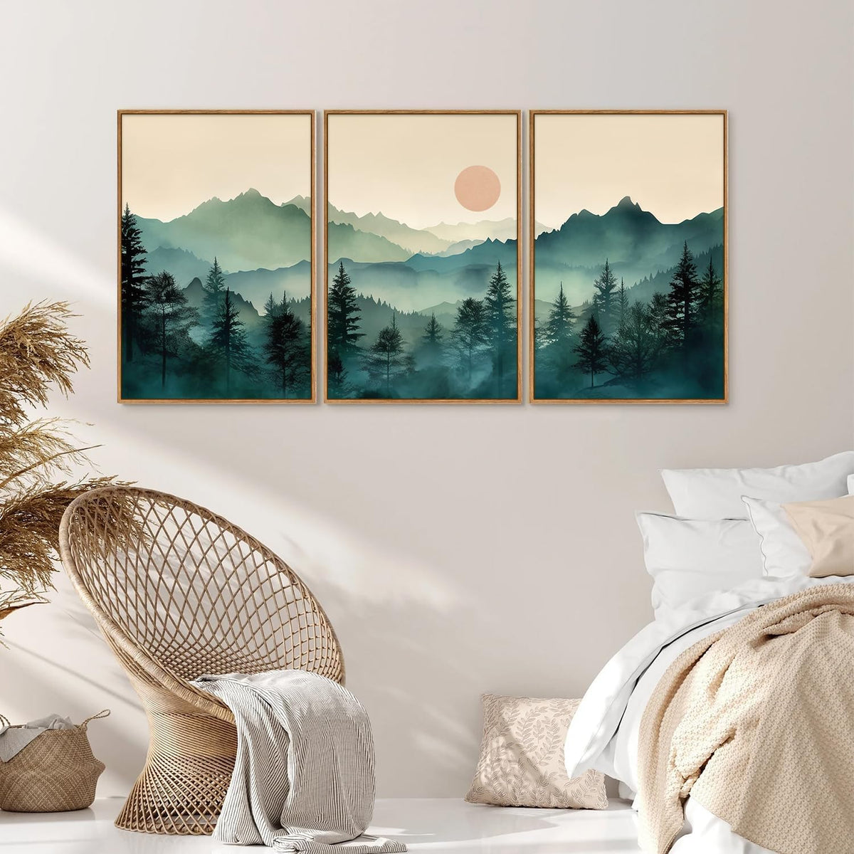 SIGNINART Large Boho Mountain Framed Canvas Wall Art Set, Nature Pine Tree Wall Painting, Abstract