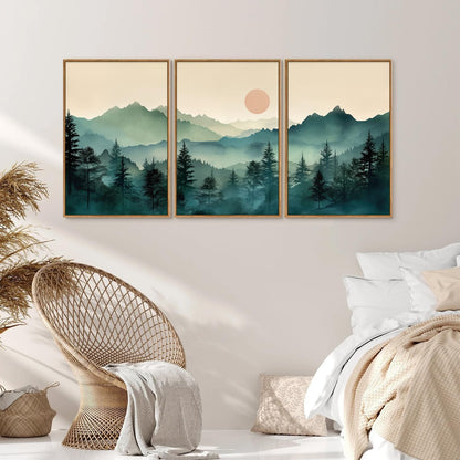 SIGNINART Large Boho Mountain Framed Canvas Wall Art Set, Nature Pine Tree Wall Painting, Abstract