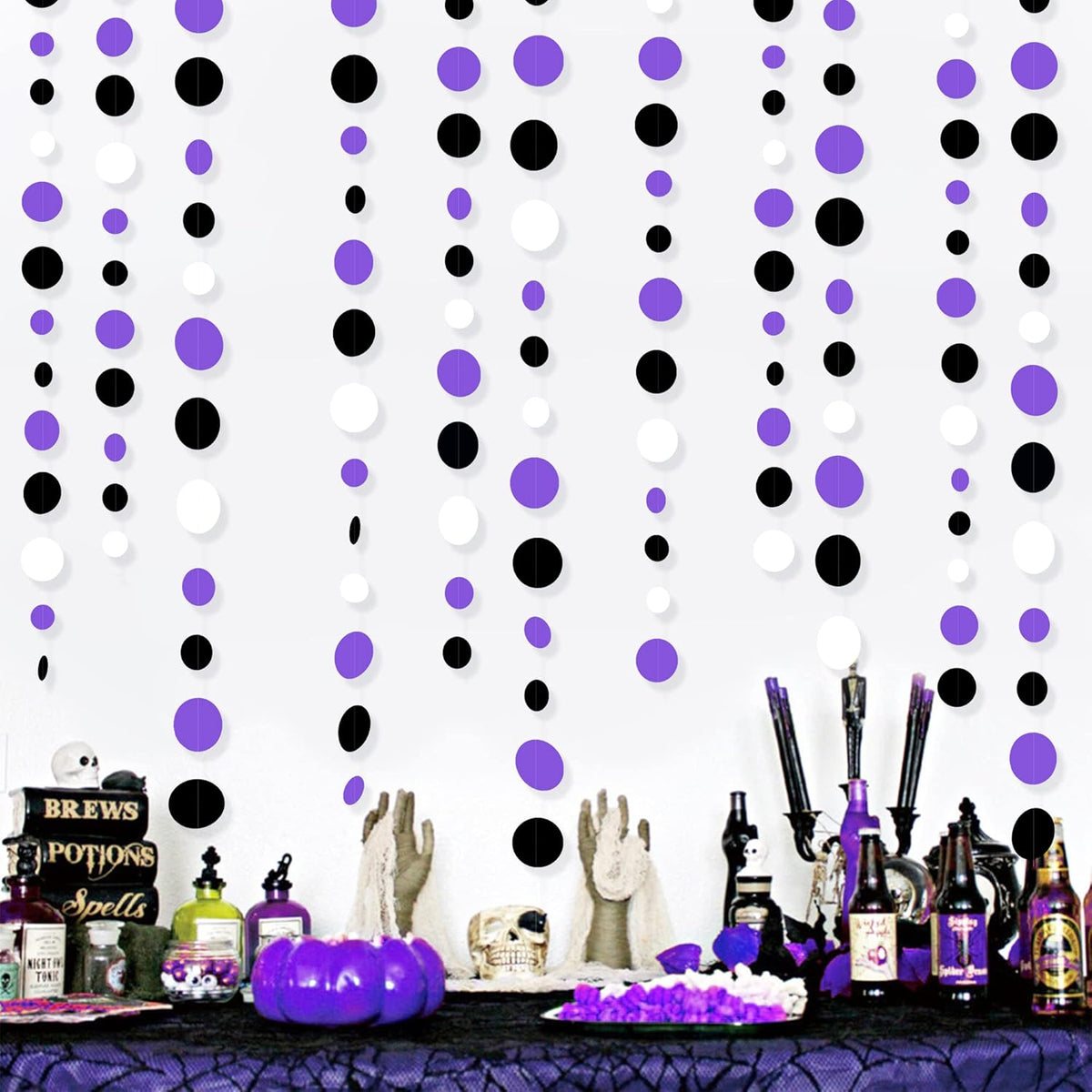46Ft Purple Black Circle Dots Garlands Black Purple and White Polka Dot Hanging Paper Streamer