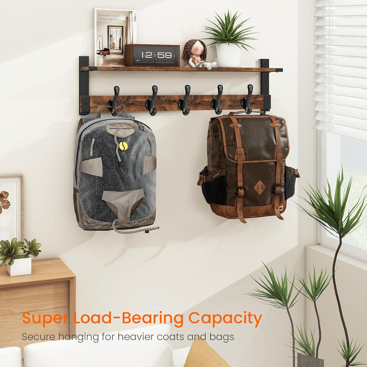 Homode Coat Rack Wall Mount, 29 Inch Long Shelf with Hooks, Wood Entryway Shelf with 5 Hangers for