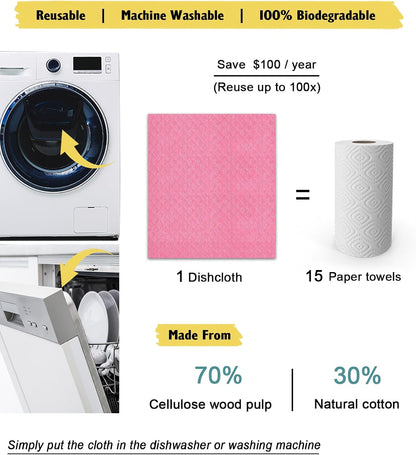 Swedish Dishcloths for Kitchen | 6 Pack Absorbent Cellulose Sponge Cloths Washable | Non-Scratch