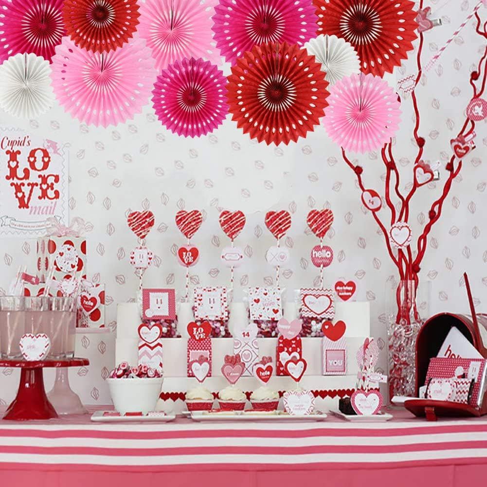 BEISHIDA Red Pink Rose Red Hanging Tissue Honeycomb Round Paper Fans Decor Kit for Birthday Girl