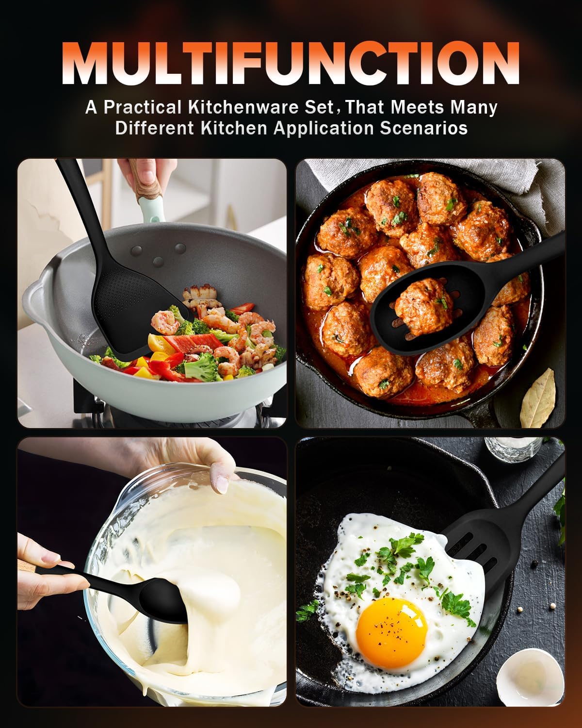 Silicone Cooking Utensils Set, Perfectly Angled for Frying, Mixing,Serving,Draining,Turning and