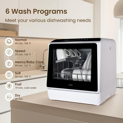 HAVA Countertop Dishwasher, 6 Programs Portable Dishwashers with 5L Built-in Water Tank, No Hookup