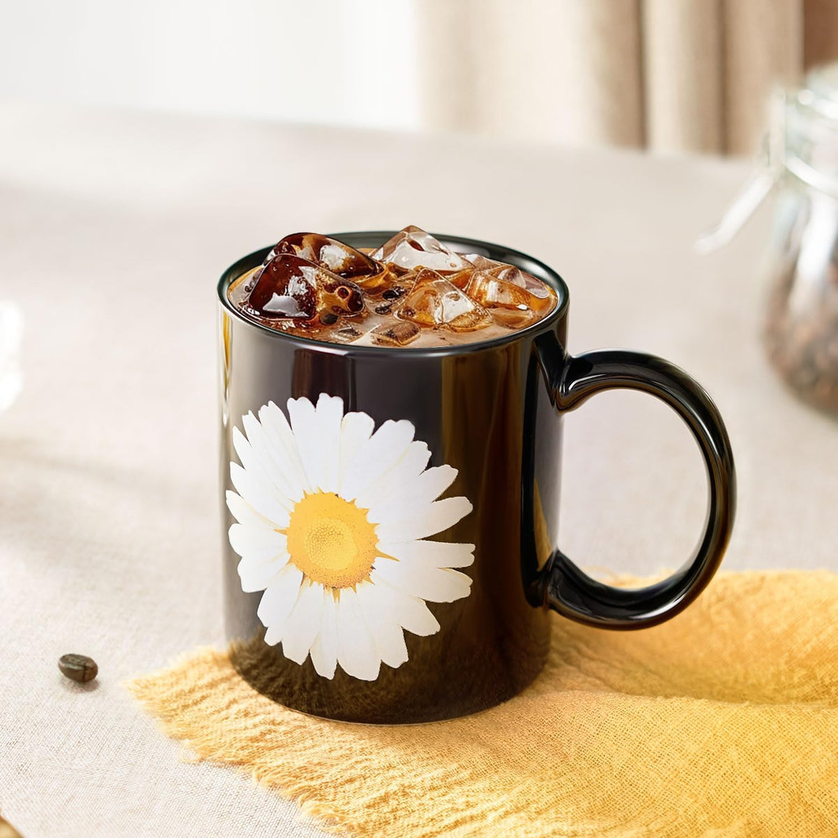 12Oz Daisy Black Ceramic Mug, Mug for Daily Coffee and Tea, Lead-free, Microwave and Dishwasher