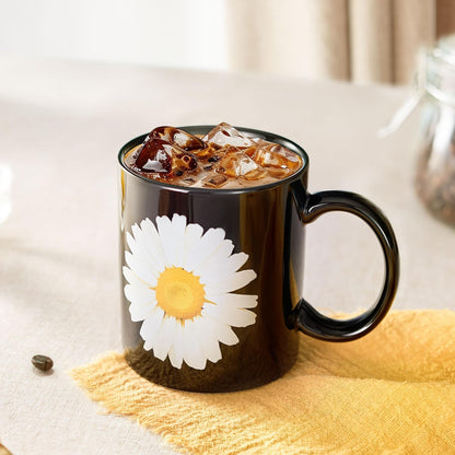 12Oz Daisy Black Ceramic Mug, Mug for Daily Coffee and Tea, Lead-free, Microwave and Dishwasher