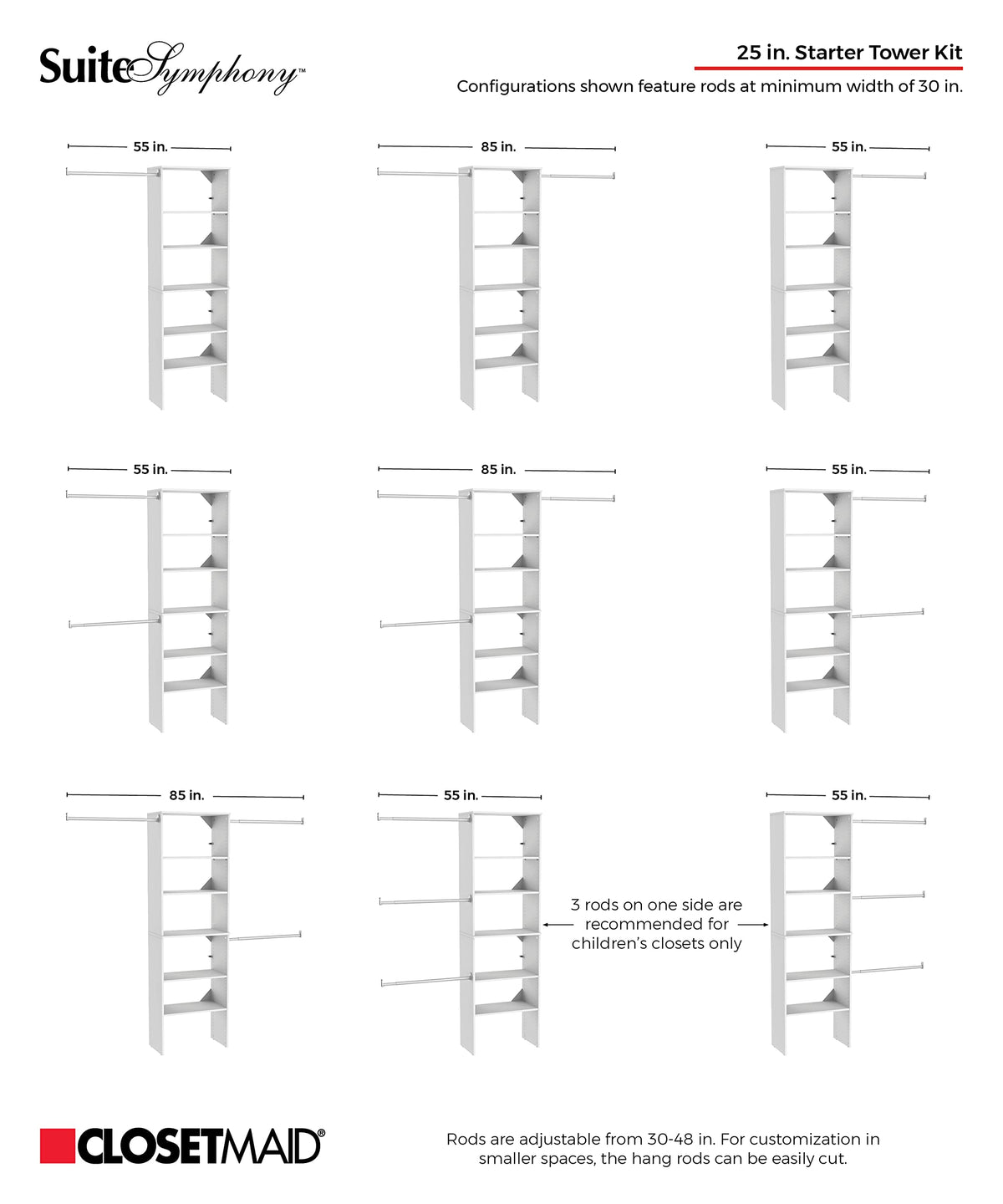 ClosetMaid SuiteSymphony Wood Closet Organizer Starter Kit with Tower and 3 Hang Rods, Shelves