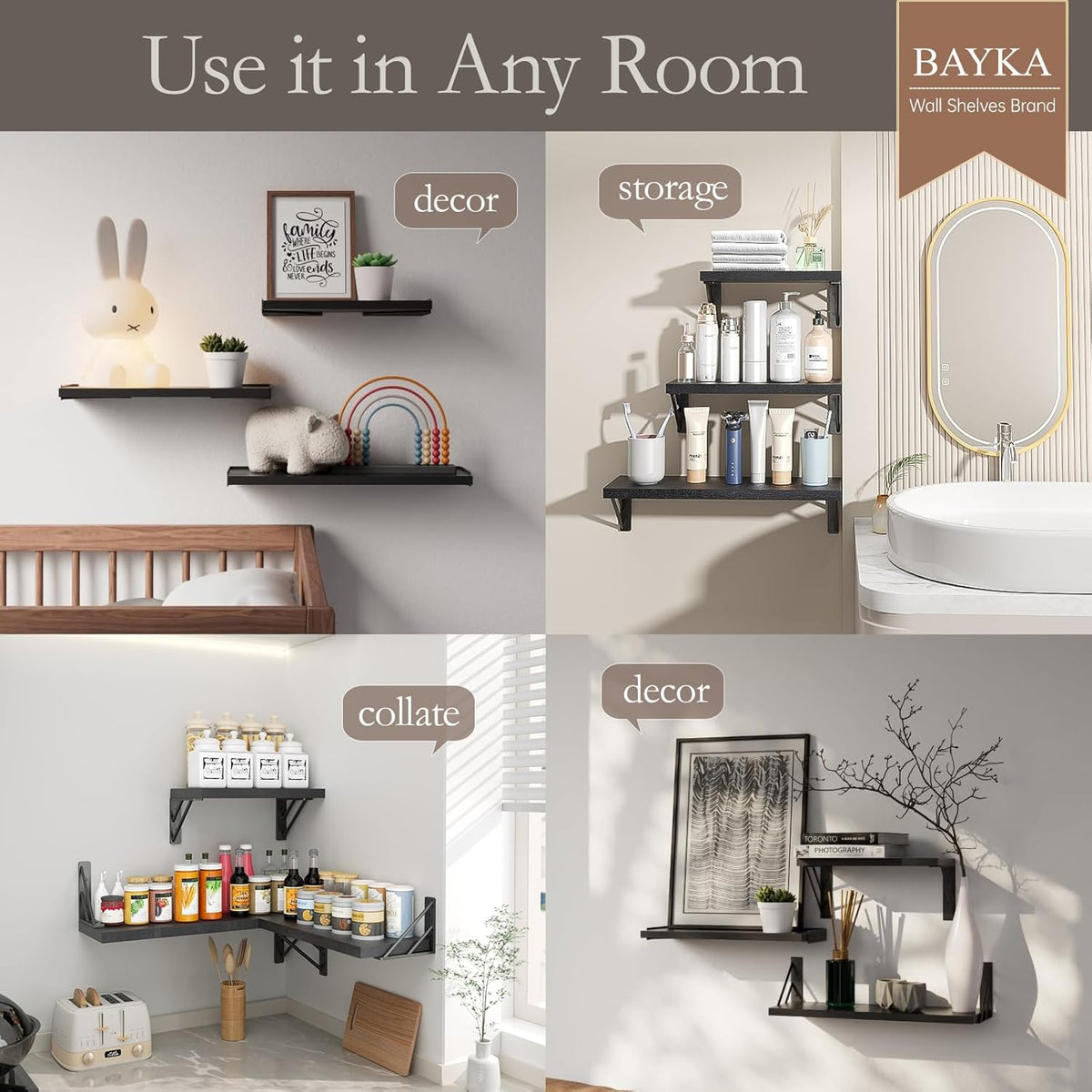 BAYKA Wall Shelves for Bedroom Decor, Floating Wall Shelves for Living Room Kitchen Storage, Wall