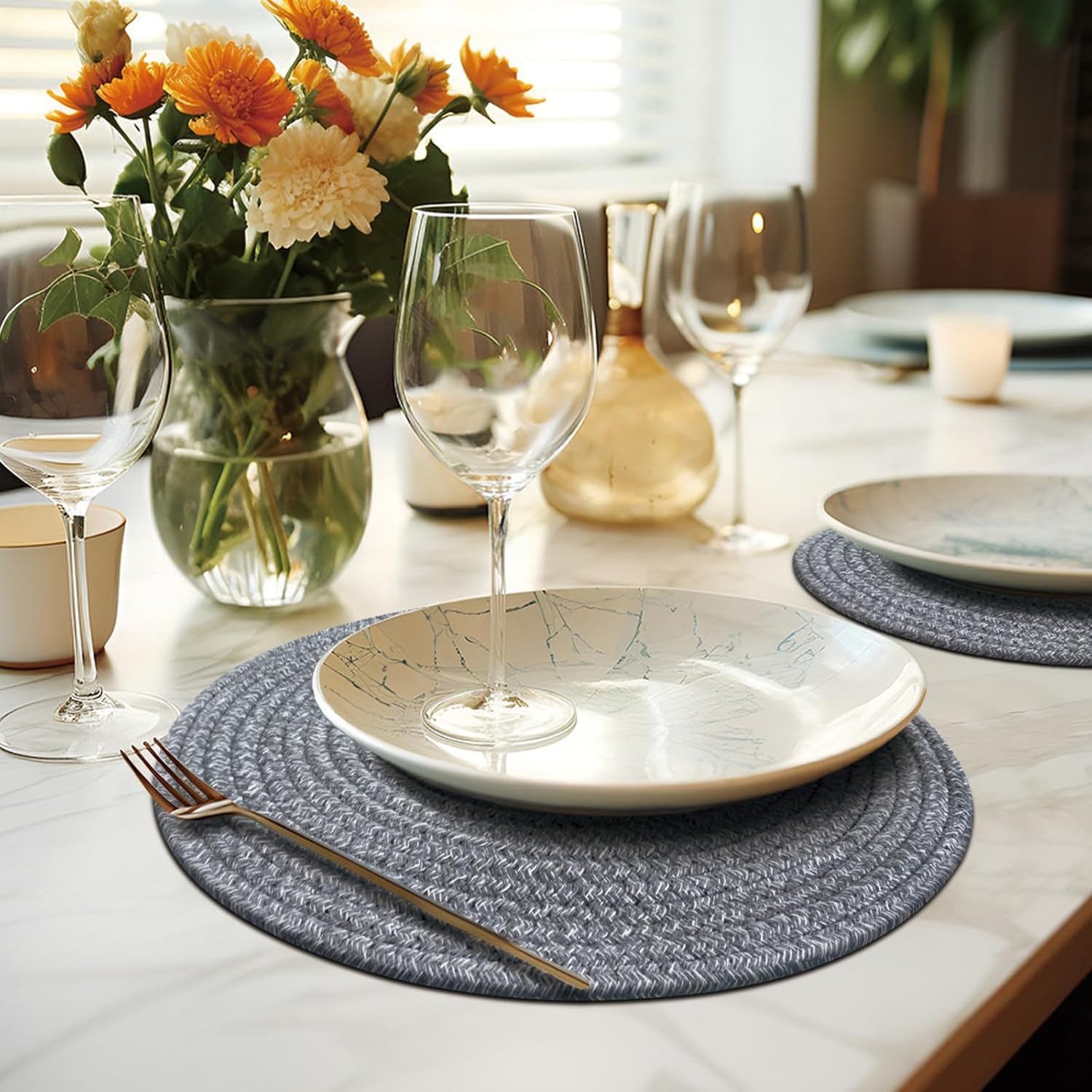 Round Placemats Set of 6, Cotton Rope Woven Table Mats, Hot Pads for Kitchen, Non Slip Heat