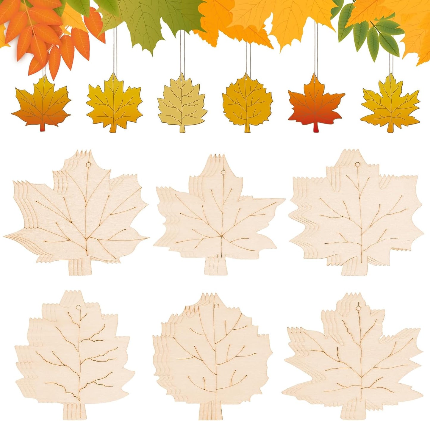 24 PCS Unfinished Wooden Fall Crafts, Maple Leaves Shaped Hanging Ornaments DIY Wood Craft Cutouts