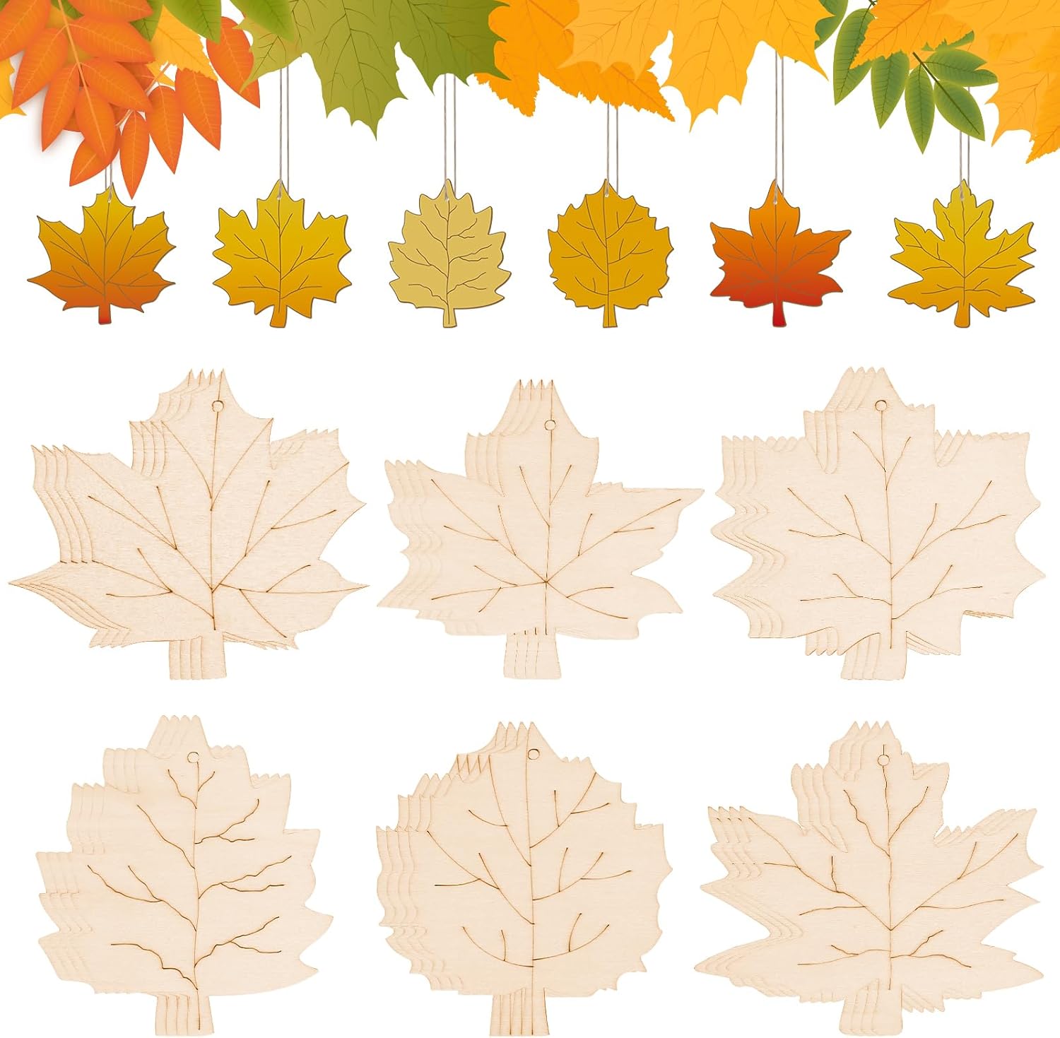 24 PCS Unfinished Wooden Fall Crafts, Maple Leaves Shaped Hanging Ornaments DIY Wood Craft Cutouts