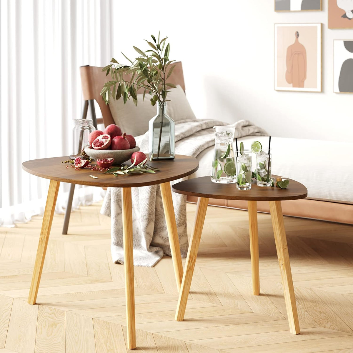 BAMEOS Bamboo Nesting Triangle End Table,Set of 2 Coffee Table Modern Minimalist Side Table for