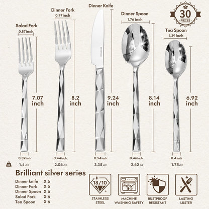 KINGSTONE Silverware Set, Luxury 30 Piece Flatware Set for 6, 18/10 Stainless Steel Cutlery Set