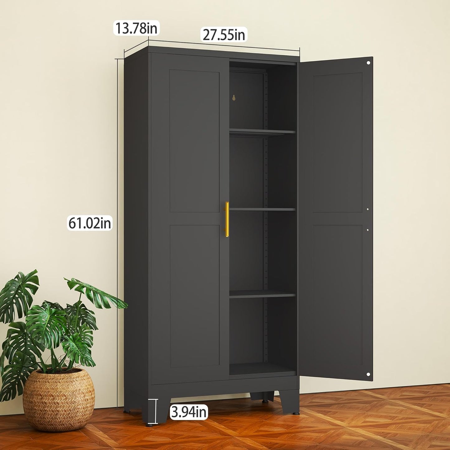 Black Metal Storage Cabinet, 61" Steel Cabinets for Home Office, Kitchen Pantry Storage Cabinet