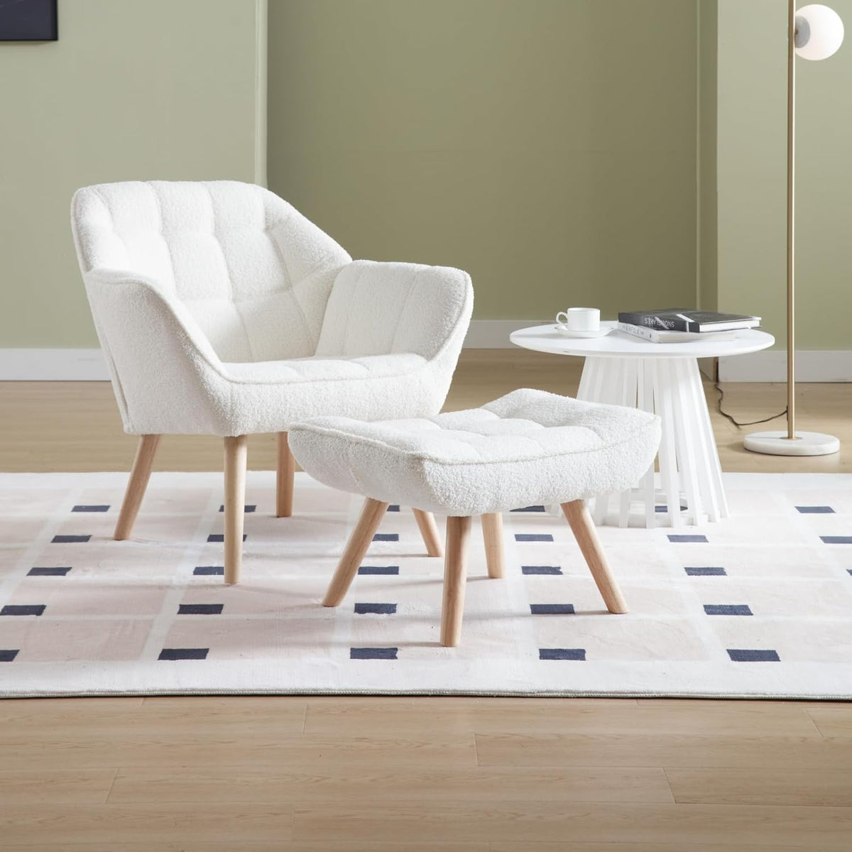 Modern Sherpa Accent Chair with Ottoman, Fluffy Upholstered Lounge Chair with Footrest, Comfy