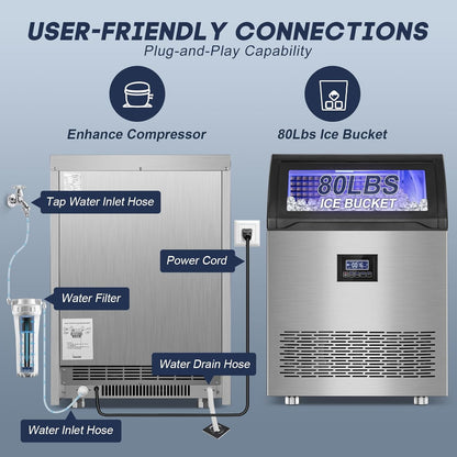 Commercial Ice Maker Machine 360LBS/24H with 80LBS Storage Bin, 126PCS Ice Cubes Ice Machine