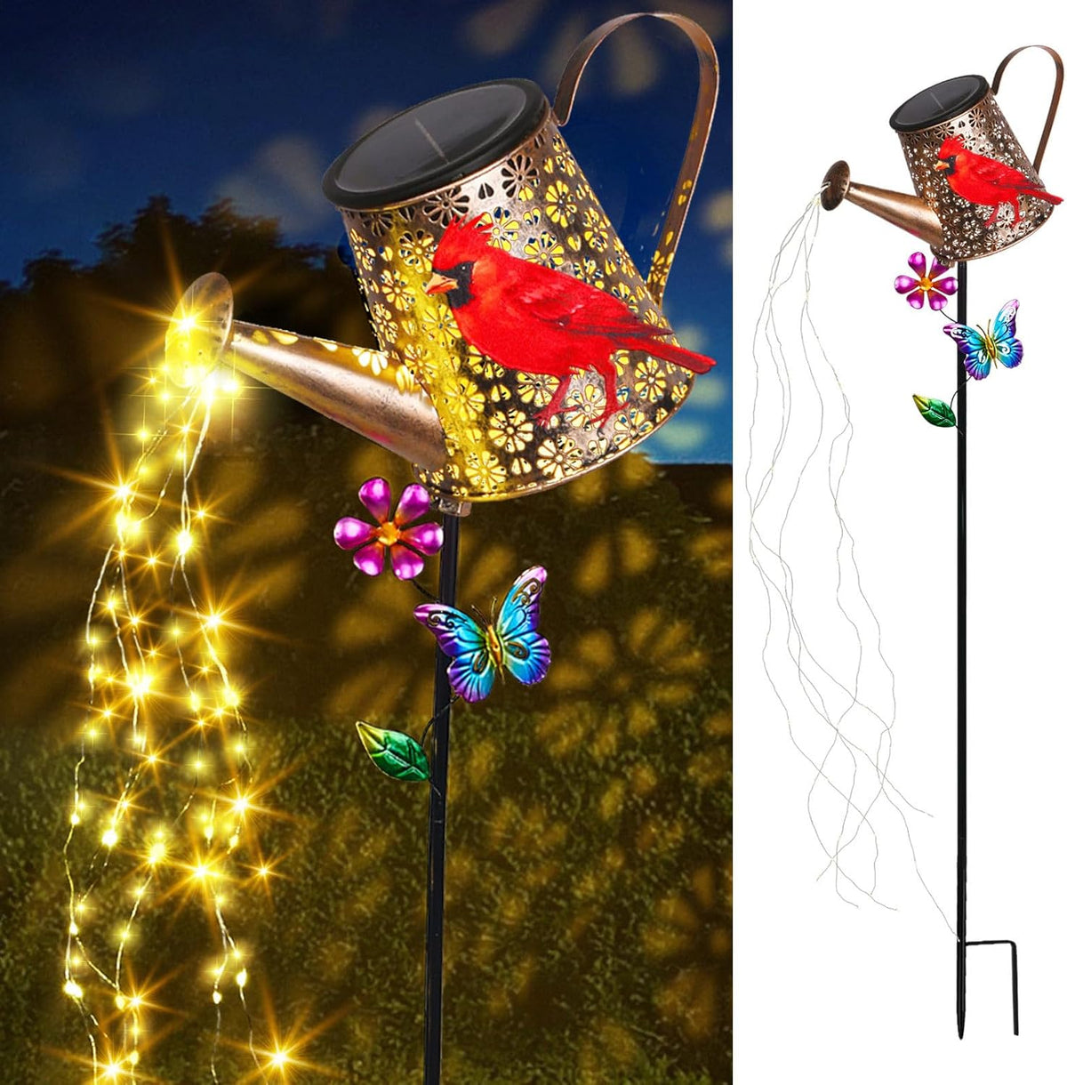 Solar Lights Outdoor Decorative, 39.4'' Metal Solar Watering Can Lights with Red Cardinal