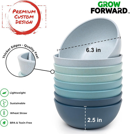 Grow Forward Premium Wheat Straw Bowls - 27oz Microwave Safe Plastic Cereal Bowls Set of 8 for