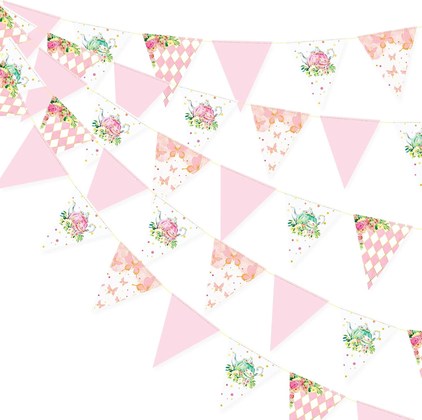 Spring Tea Party Decorations Pink and Gold Floral Flower Butterfly Teapot Teacup Plaid Paper