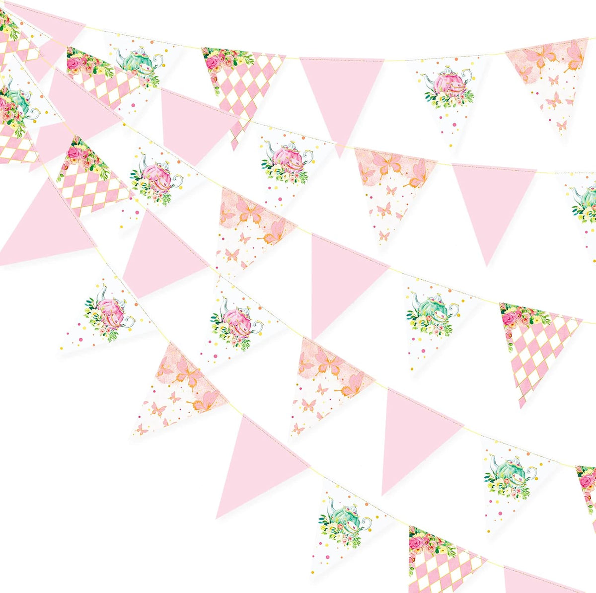 Spring Tea Party Decorations Pink and Gold Floral Flower Butterfly Teapot Teacup Plaid Paper