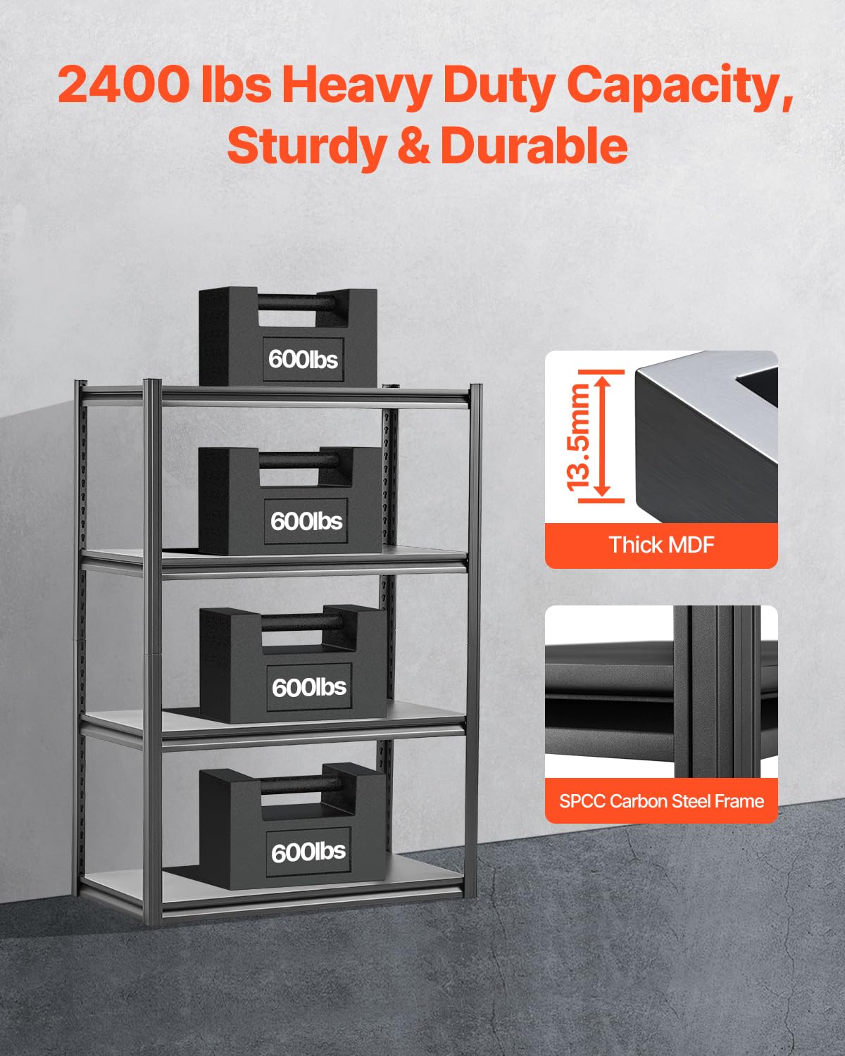 VEVOR Storage Shelves, 2400 lbs, 4 Tier Garage Storage Shelving, 20" D x 40" W x 57" H Adjustable