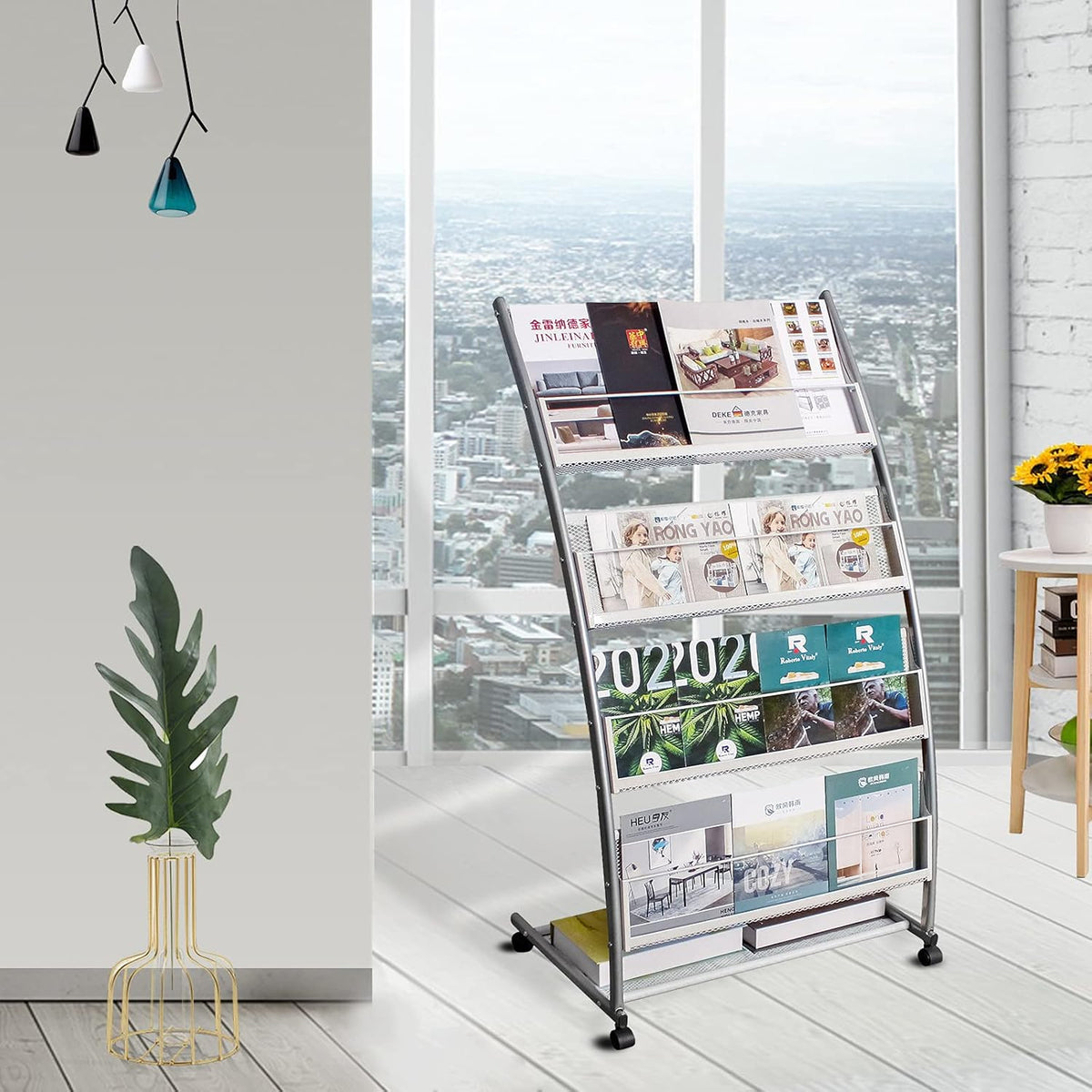 Brochure Display Stand, Floor-Standing Magazine Rack with 4 Pockets, Information Rack With casters