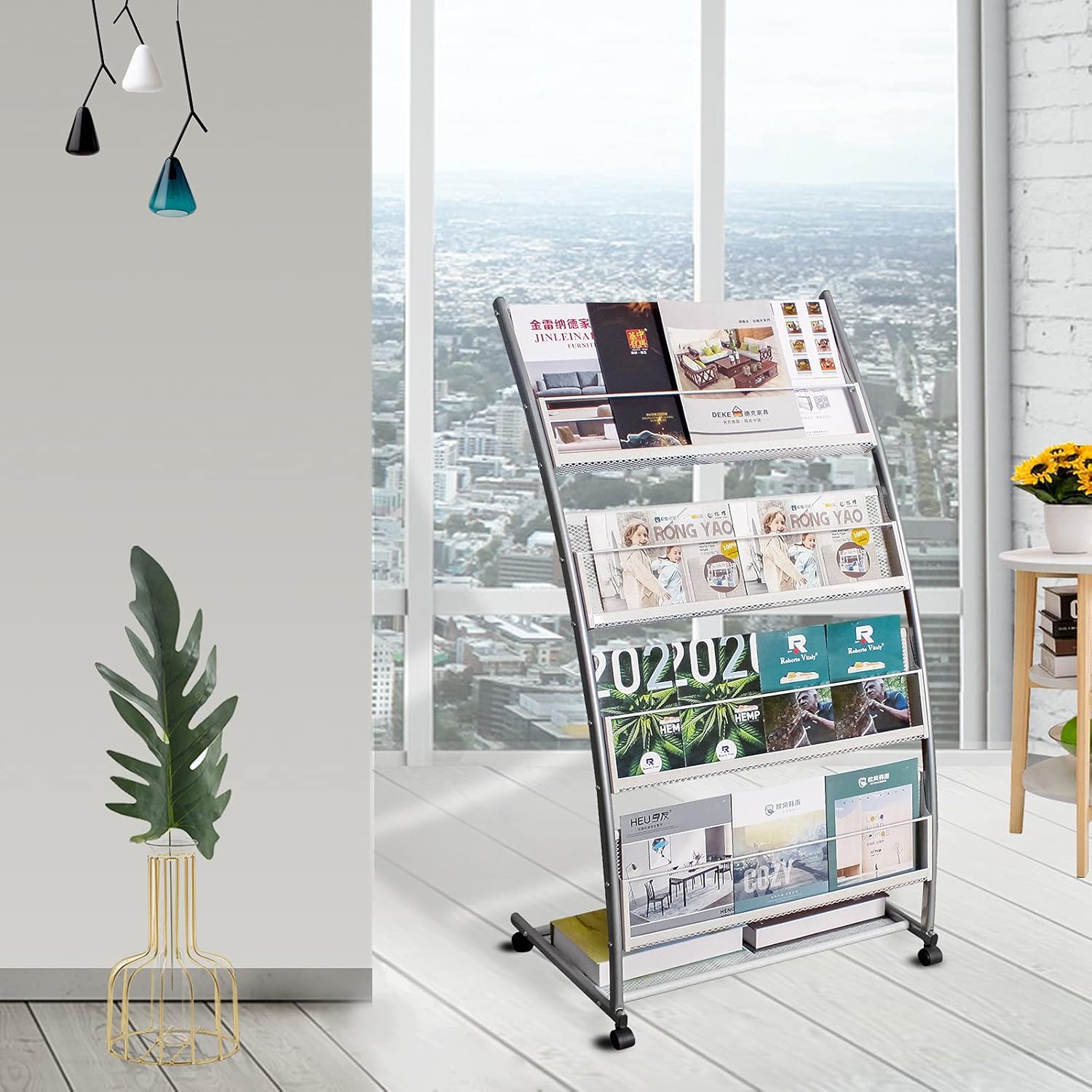 Brochure Display Stand, Floor-Standing Magazine Rack with 4 Pockets, Information Rack With casters