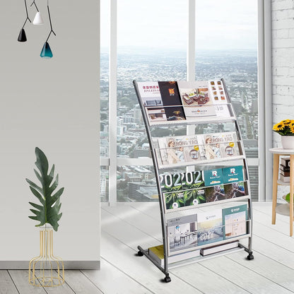 Brochure Display Stand, Floor-Standing Magazine Rack with 4 Pockets, Information Rack With casters