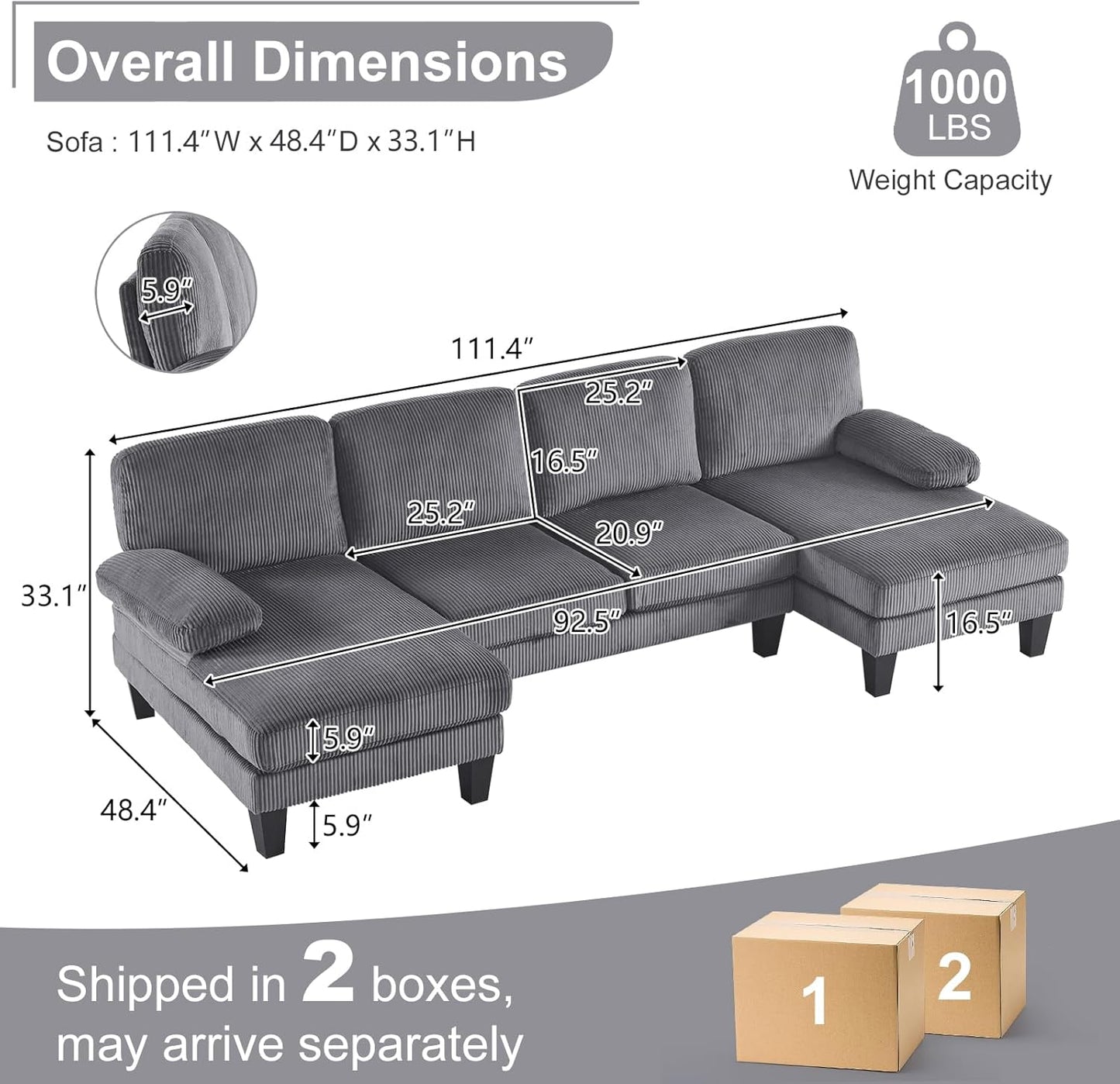 Karl home U-Shape Sectional Sofa Couch 111" Modern 4-Seat Sofa with Chaises Corduroy Fabric