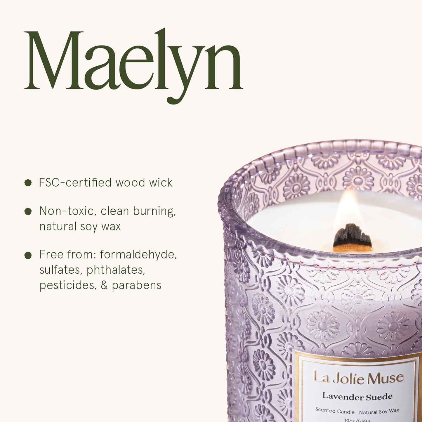 LA JOLIE MUSE Lavender Suede Candle – Eucalyptus, Lavender & Sandalwood 19 oz Large Wooden Wick