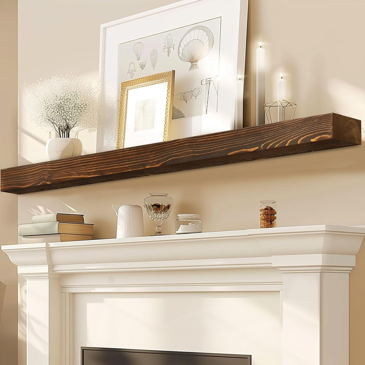72x8x3 Fireplace Mantel - Solid Rustic Wood - Wall Mounted Floating Shelf with Invisible Heavy Duty