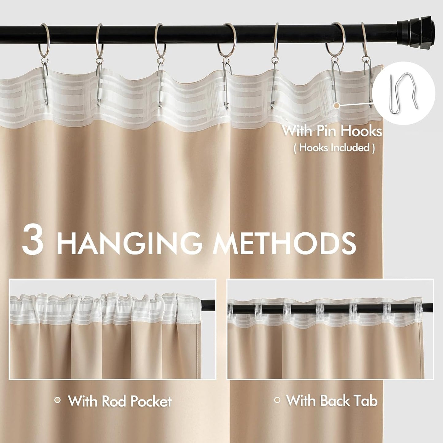 MIULEE Back Tab Beige Curtains 84 Inch Length 2 Panels Set for Living Room Bedroom, Cream Rod