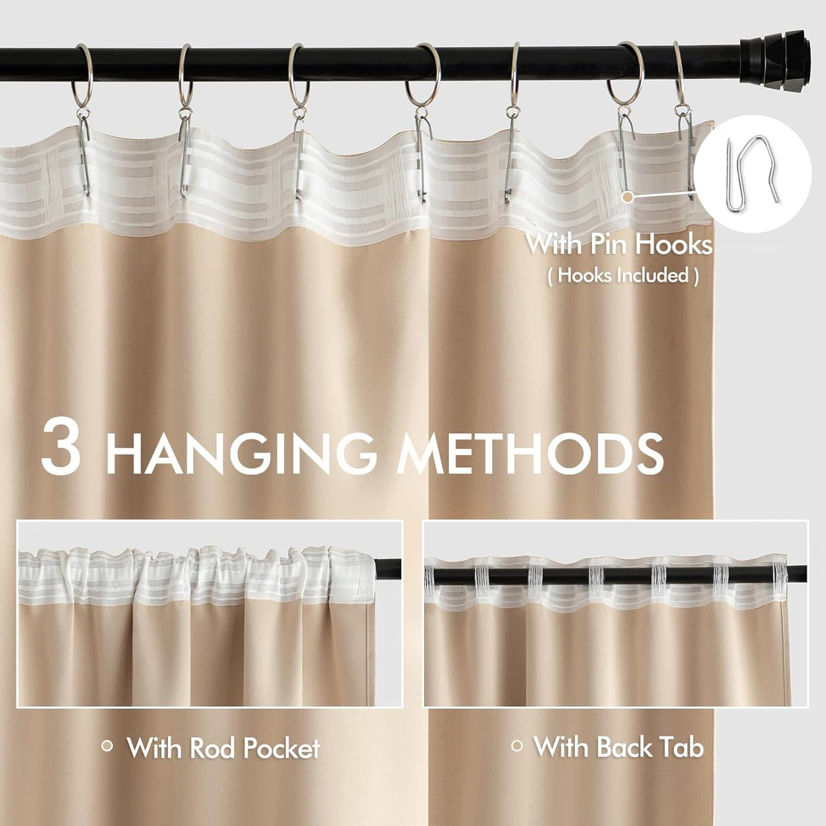 MIULEE Beige Back Tab Blackout Curtains 72 Inch Length 2 Panels Set for Living Room Bedroom