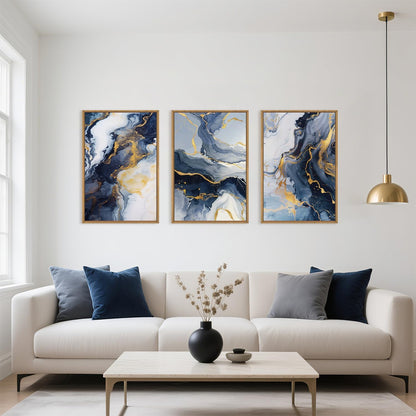 Blue and Gold Framed Canvas Wall Art Set, Mid-Century Modern Abstract Wall Decor, Navy Blue Ink