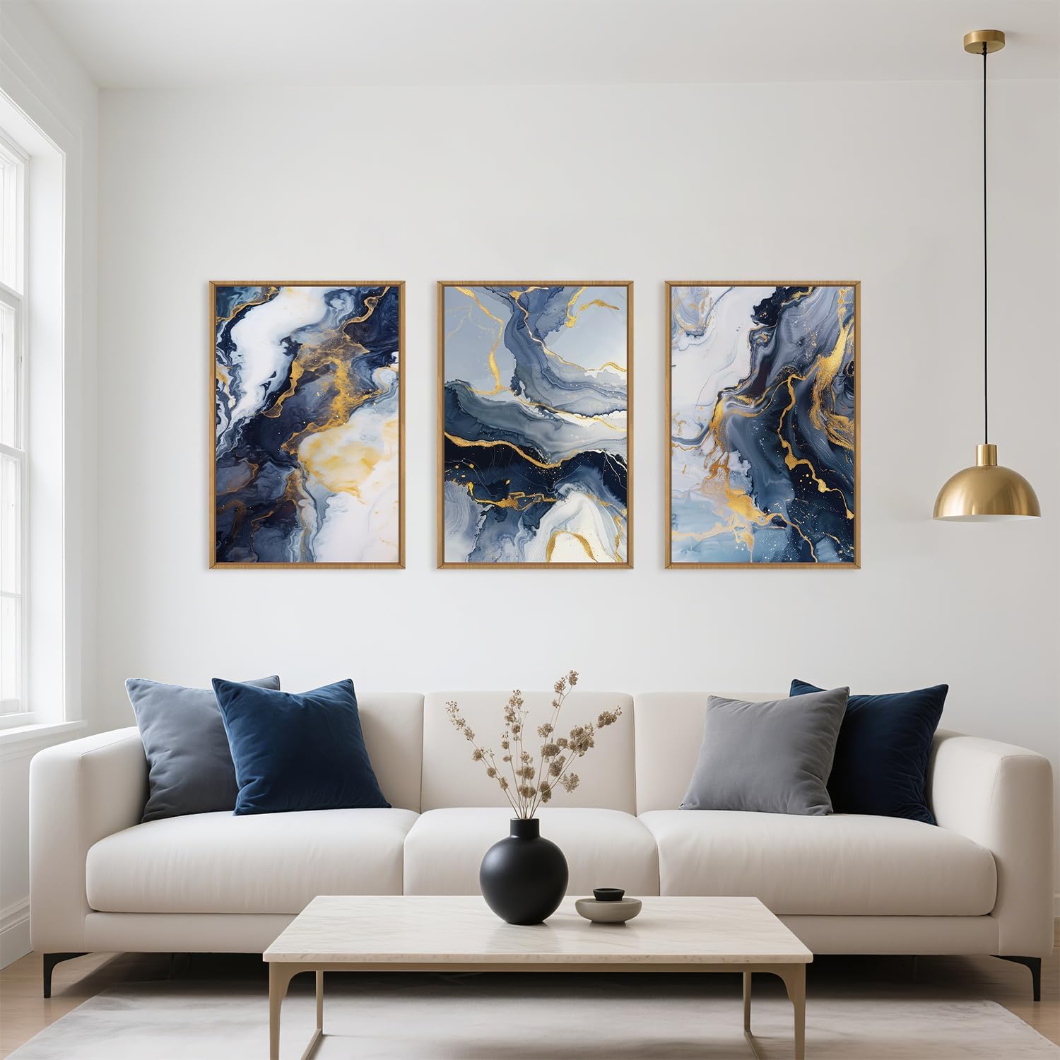 Celestdeco Blue Abstract Framed Canvas Wall Art Set, Blue Golden Aesthetic Wall Decor, Navy Blue