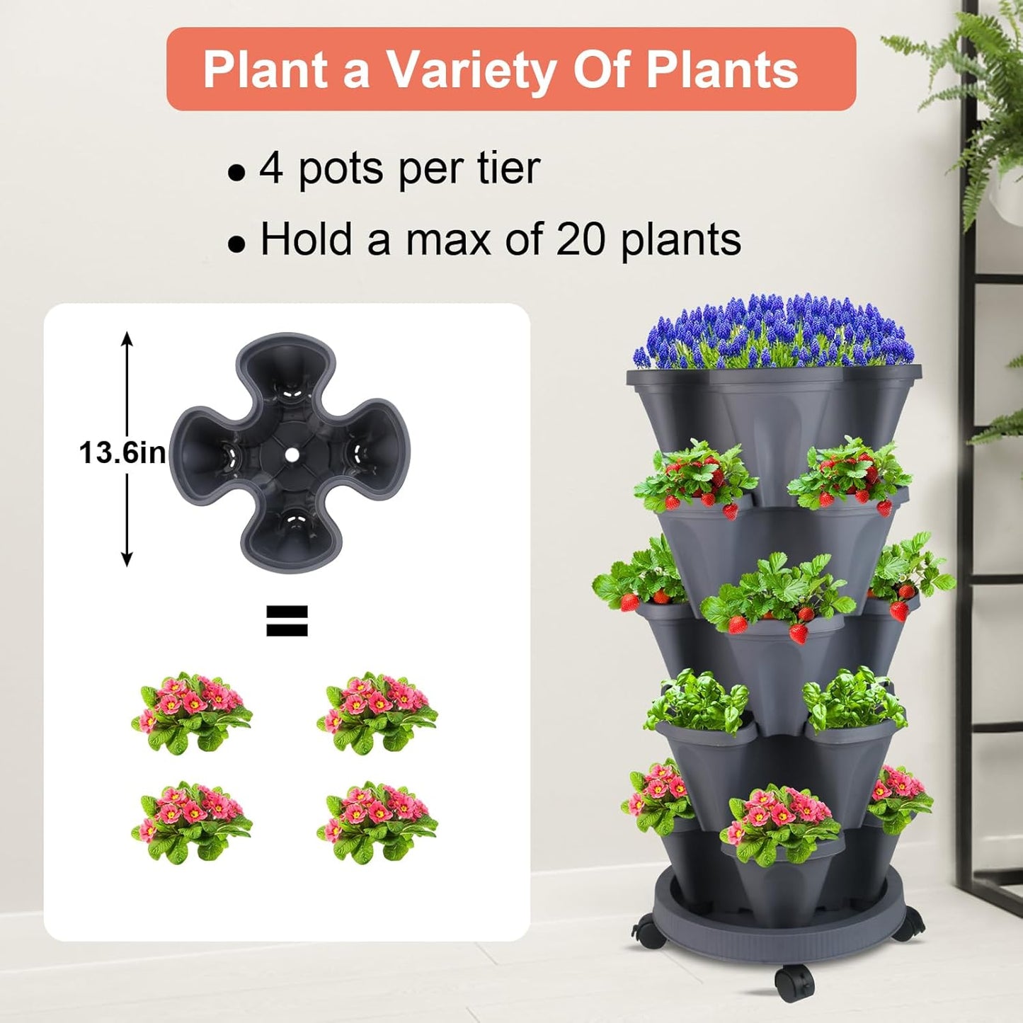 DUNCHATY Stackable Planter, Vertical Garden Planter with Wheels and Tools, Self Watering Strawberry