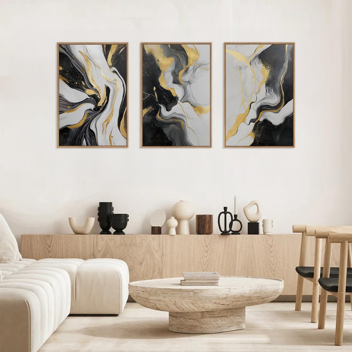 HLNIUC Abstract Gold and Black Framed Canvas Wall Art,Large Neutral Black and White Wall Decor Set
