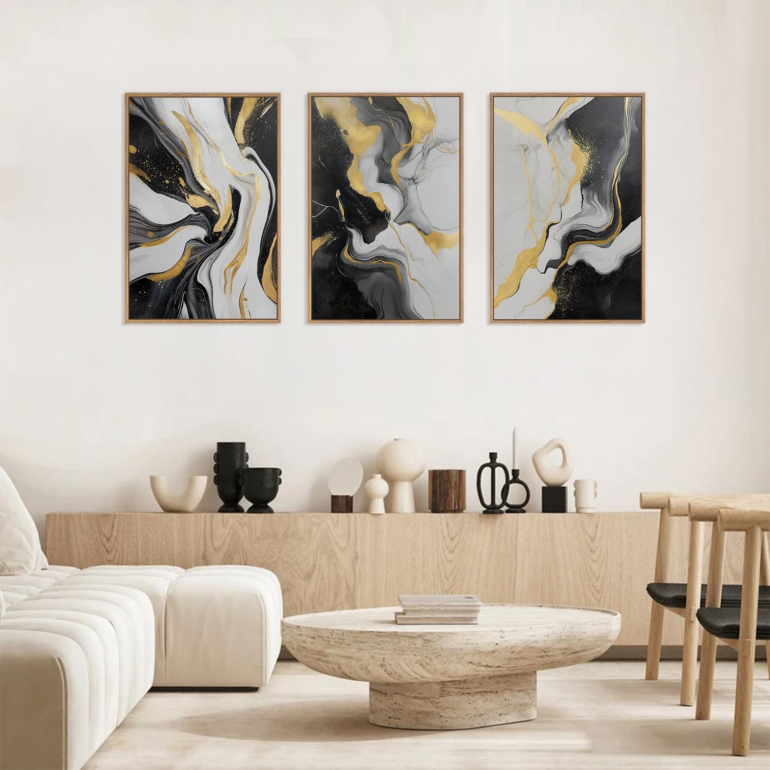 HLNIUC Abstract Gold and Black Framed Canvas Wall Art,Large Neutral Black and White Wall Decor Set